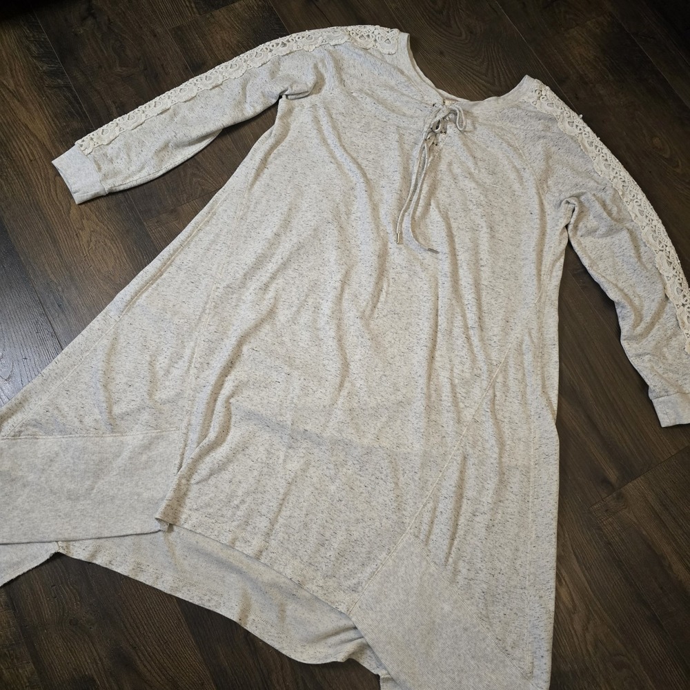Sundance French Terry Sweatshirt Dress Large L Oatmeal Lace Trim Sleeves‎ Boho